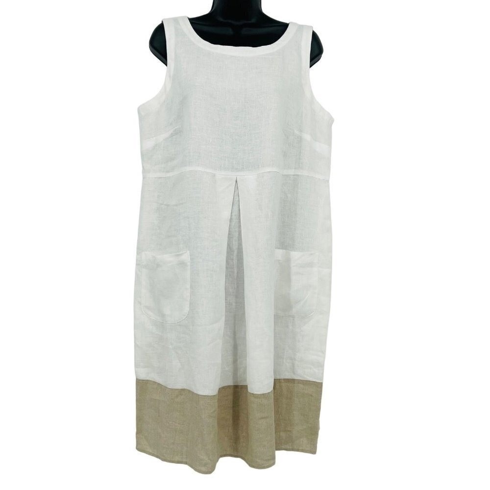 J. Jill Dress Women Medium White Tan Love Linen Sleeveless Midi Pocket Lagenlook